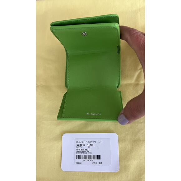BALENCIAGA Mini Cash Trifold Wallet Green Pink Logo Grained Calf Leather NWT - Picture 4 of 10